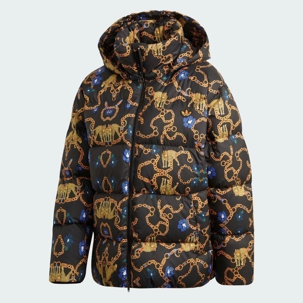 Adidas Womens Jacket L OS Down Puffer Fill Chain Floral Leopard Studio London
